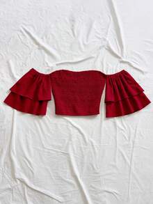 Soleia Women's Ruffled Hem Printed Top, Suitable For Vacation, Spring/Summer, Red Top, Summer For Women No Chest Padding - Burgundy - View 3