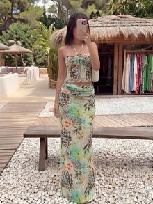 Sunnyshic Summer New Multicolor Animal & Floral Print Patchwork Semi-Sheer Mesh Overlay Ruched Wrap Skirt,Beach Outfits Wedding Guest Dress For Women Vacation - Multicolor - View 3