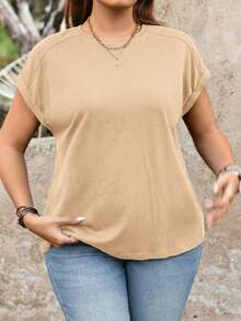 SHEIN LUNE Plus Size Casual Solid Color Short Sleeve T-Shirt, Summer - Khaki - View 5