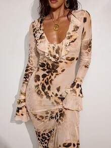 SHEIN BAE Women's Leopard Print Ruffle Hem Fashionable Versatile Cover-Up Dress - Multicolor - View 7