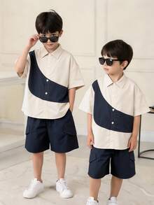 2 Stück Kinder Jungen Lässiges Farbblock Kragen Offene Vorderseite Locker Kurzarm Khaki Hemd und Grau Cargo Taschen Shorts Set, geeignet für Frühling/Sommer, Ausflüge, Valentinstag, Dates, Reisen, Urlaub, Familienfeiern, Schulanfang, Abende, Sport, Geburtstagsfeiern - Verschiedenfarbig - Übersicht 3