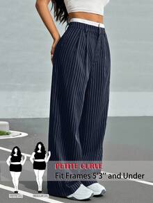 SHEIN PETITE CURVE Quần ống rộng xếp ly kẻ sọc cỡ lớn - Màu xanh hải quân - Xem 3