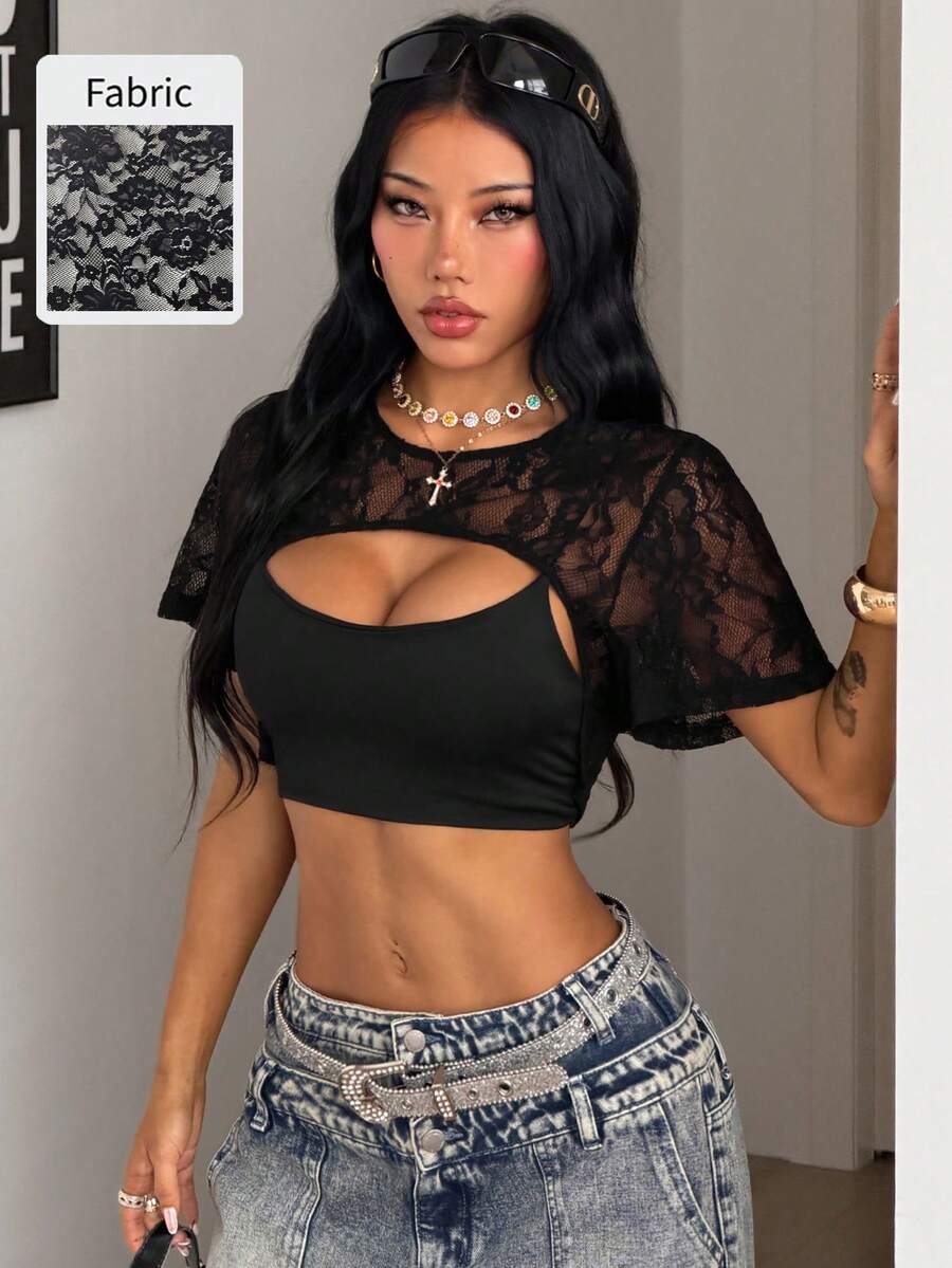 Coolane 女款四季性感派對夜店復古黑色蕾絲彈性寬鬆圓領短版上衣,夏季黑色花卉上衣女裝套裝 - 黑色 - 查看 1
