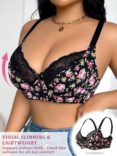 Women Plus Size Floral Print Ultra-Thin Breathable Bra Bow Knot Decorated Floral Embroidered Scallop Sexy Splice Minimizer Underwire Steel Ring Instantlift Bra