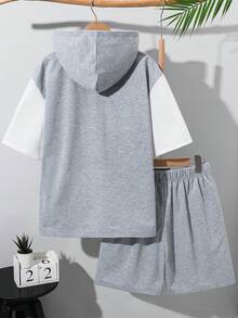 SHEIN 青少年男孩 2件組休閒連帽 2合1短袖T恤與短褲套裝，3D字母圖案街頭龐克搖滾返校畢業夏季款 - 灰色 - 查看 3