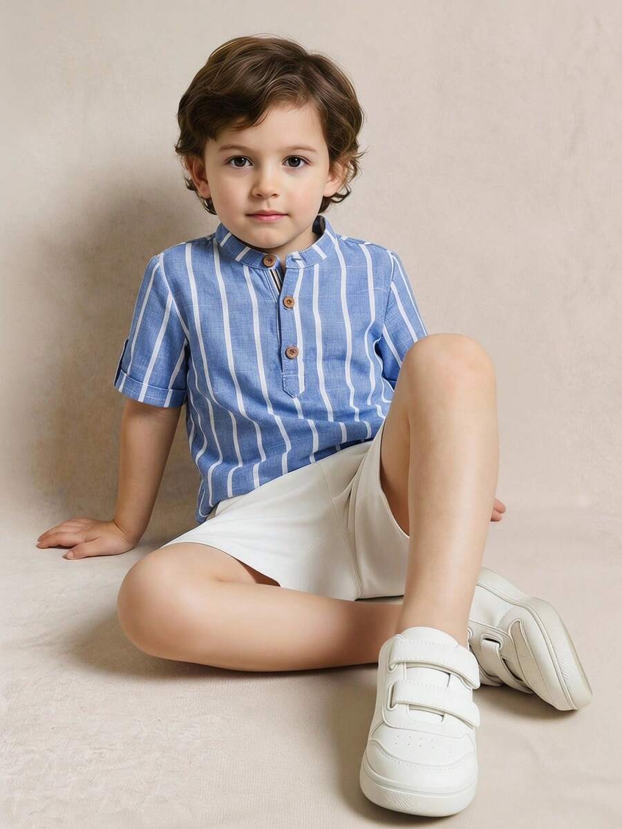 SHEIN Bộ 2 chiếc/bộ áo sơ mi kẻ sọc cổ đứng đơn giản cho bé trai và quần short dệt rộng rãi, thích hợp mặc đi học, làm vườn, đi biển, sinh nhật, mùa xuân/hè/thu/đông - Nhiều màu - Xem 1