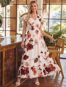 Amorya Women's Elegant Shirred Cap Sleeve Drawstring Waist Fruit Print Dress, Vacation Dress For Spring/Summer - Multicolor - View 1