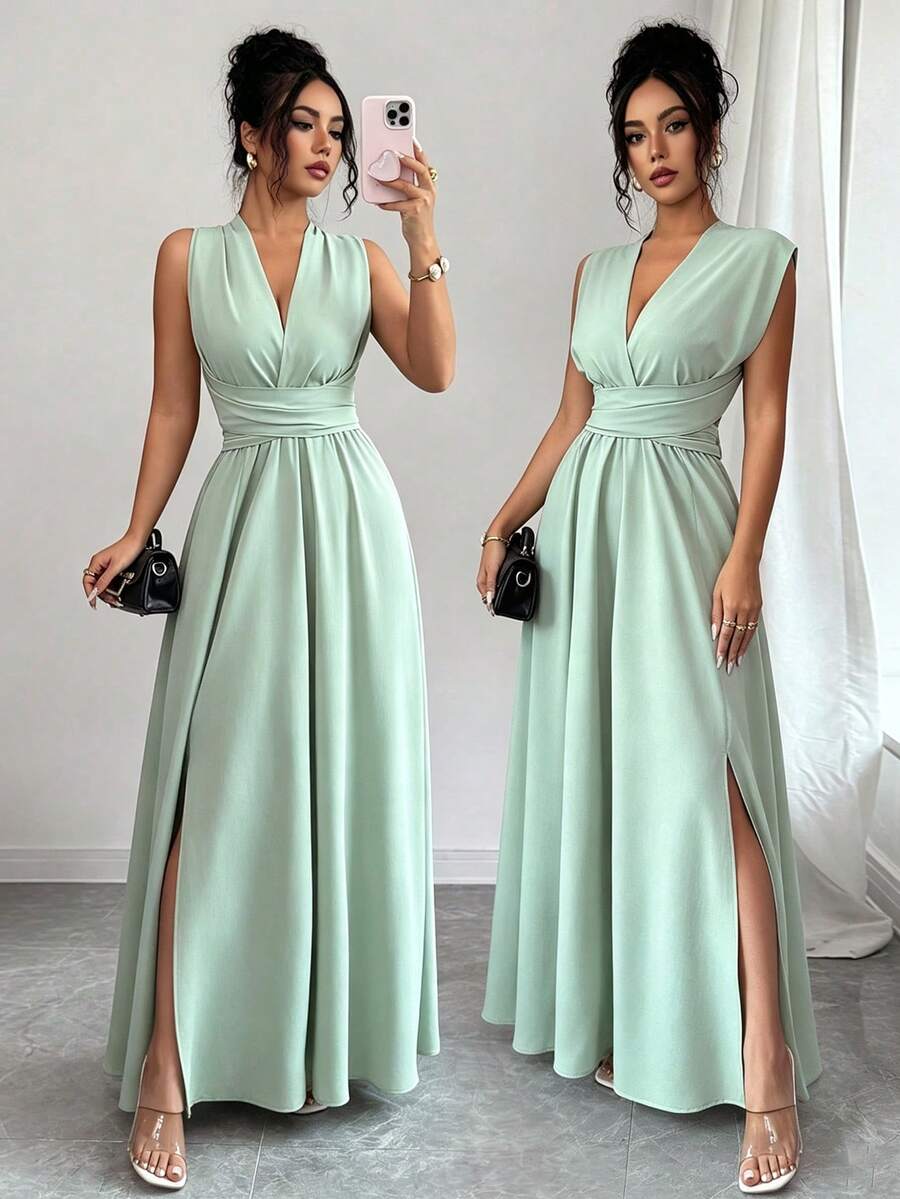 Elenzga Đầm maxi không tay màu xanh lá cây mềm mại dành cho nữ, cổ chữ V đan chéo, thắt nơ sau eo, xẻ tà điều chỉnh được, đa năng, thanh lịch, tôn dáng, phong cách Pháp lãng mạn cổ điển, thích hợp cho công sở, đi làm, đi biển, nghỉ lễ, dạo phố, đơn giản, đa năng, phù hợp cho đám cưới, phù dâu, ngày Valentine, tiệc trà chiều, mùa xuân hè. - Màu xanh Bạc hà - Xem 1