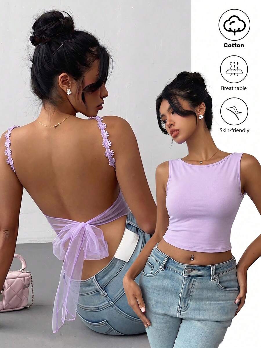 SHEIN Raffinéa 女士性感露背打结短款上衣,简约纯色,度假风 - 紫色 - 查看 1