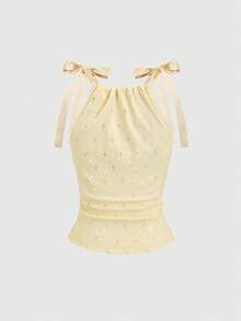 Sweetra Women's New Fashion Versatile Sequin Jacquard Hollow Out Sleeveless Tie Front Gathered Waist Shirt With Drawstring Collar - Light Yellow - View 2