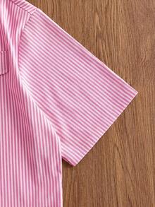 NORVETH Men's Striped Print Button-Front Casual Short Sleeve Shirt - Pink - View 7