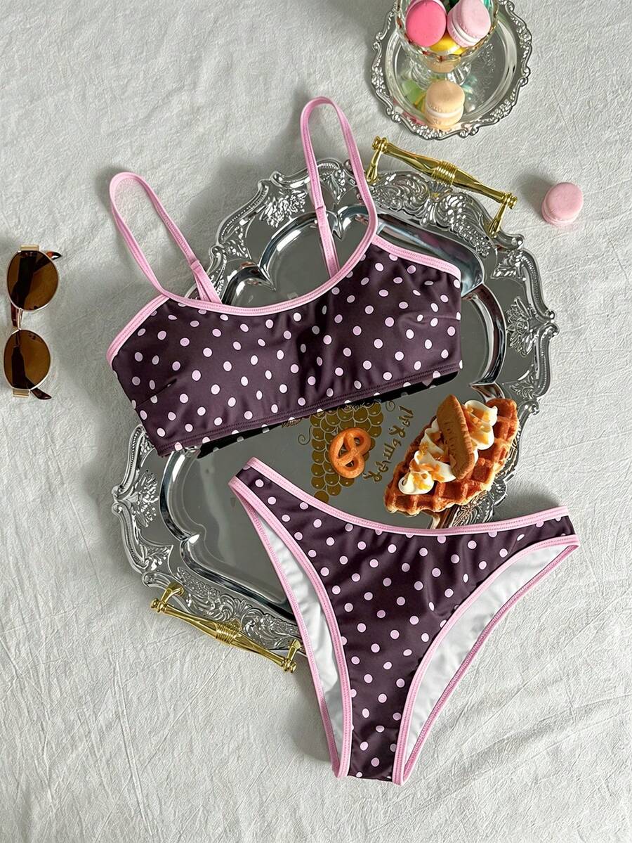 Swim Mod 女款波點印花細肩帶露背兩件式泳衣套裝,適合夏季度假海灘 - 彩色 - 查看 1