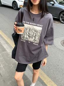 DAZY 女士圓領印花休閒街頭風短袖T卹 夏季寬鬆圖案T卹 旅行 深灰色 - 灰色 - 查看 8