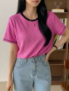DAZY T-shirt à manches courtes col rond ample à texture bicolore pour femmes - Rose bonbon - Voir 3
