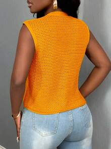 BamGleam Áo vest len cổ chữ V cài khuy kim loại lớn màu xanh lá cây mới, kiểu dáng khoét rỗng, áo vest len tối giản gợi cảm thường ngày cho mùa thu, đông và xuân. - trái cam - Xem 2