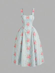 SHEIN MOD Plus Size Women's Elegant Floral Print Backless Tie-Waist Dress, Vacation Style - Baby Blue - View 6