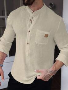 Manfinity CasualCool Men Plain Front Button Pocket Casual Long Sleeve Shirt Men Button Long Sleeve Men Shirts Casual, For Fall - Apricot - View 3