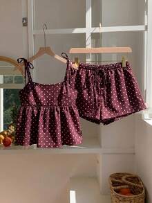 Conjunto de 2 piezas de camiseta sin mangas y pantalones cortos con estampado de lunares para vacaciones, lunares negros - Marrón - Ver 3