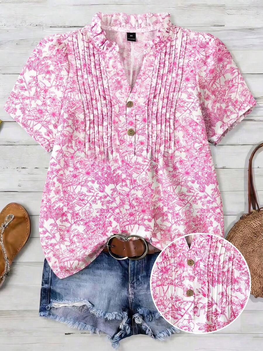 Franclia Plus Size Heart Print Fabric Ruffle Collar V-Neck Front Opening Puff Sleeve Short Sleeve Women Blouse, Suitable For Valentine's Day - Pink - View 1
