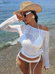 Livesso 3pcs Women Textured Bikini Top, Bottoms And Cover-Up Sexy Swimwear Beach Outfit - White - View 1