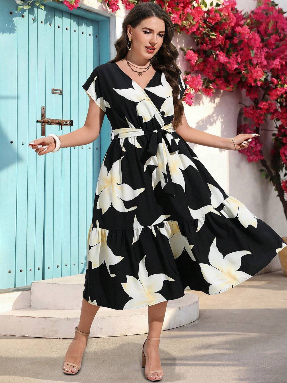 tea party dress plus size Women Ruffle Sleeve V-neck Cocktail Dresses for Bridal  DolphinBanana Our clothing sizes are usually Smaller than standard sizes. Plus Size Women V-Neck Floral