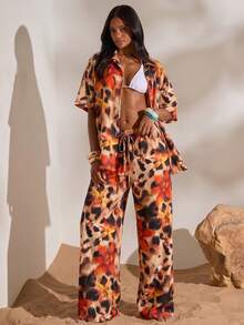 Opulessa Women's Floral Print Drawstring Waist Pockets Casual Pants - Brown - View 4