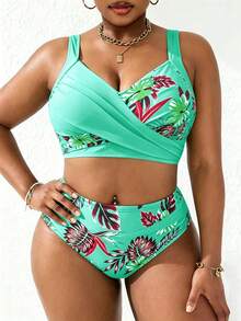 Slaydiva Plus Size Women 2pcs Mint Floral Print Tankini Swimwear Set, Summer Beach Holiday - Multicolor - View 3