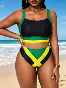 Slaydiva Plus Size Fashionable Sexy Casual Vacation Contrast Color Tankini Bikini Set Set - Multicolor - View 2