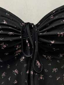 Flirla 大码女式方领抽绳短袖荷叶边碎花休闲可爱优雅度假A字T恤，春夏款 - 黑色 - 查看 4