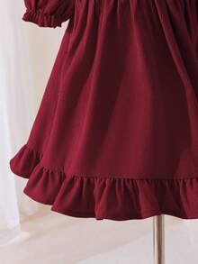 SHEIN LMoss Kids 女婴泡泡袖彼得潘领连衣裙，休闲舒适，可爱 - 酒紅色 - 查看 5