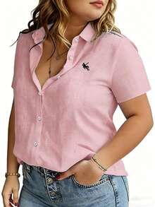 EMERY ROSE Large-Sized Woven Embroidered Casual Summer Shirt For Vacation - Pink - View 3