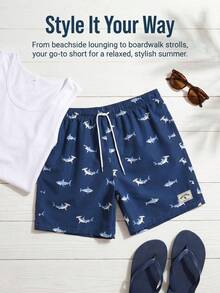Manfinity KASUA Men Shark Graphic Print Letter Patched Detail Drawstring Waist Swim Trunks Pool Shorts, For Beach, Vacation, Hawaiian, Holiday - Navy Blue - View 7