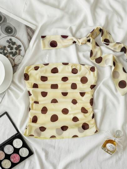 SHEIN Top bandeau fruncido con lunares marrones sobre base amarilla para niña preadolescente