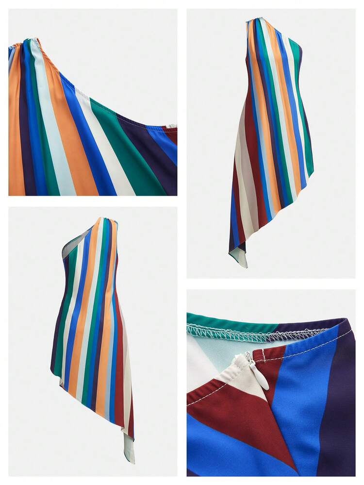 SHEIN Maija Women's Blue And Orange Color Block Casual Midi Dress,Summer,Elegant,Bar Party & Outing,Beach Outfits For Women,Graduation,Ceremony,Birthday Dress