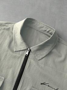 PAVTROS Men's Versatile Zip-Front Letter Print Pocket Shirt - Gray green - View 4