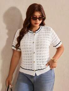 Elaquor Plus Size Contrast Color Trim Short Sleeve Knit Top Fall/Winter - Beige - View 7