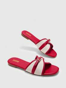 CUCCOO BIZCHIC 女士时尚红色搭扣撞色平底凉鞋 - 紅色 - 查看 3