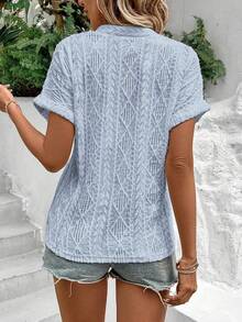 EMERY ROSE Vacation Casual Solid Color Textured Notch Neck T-Shirt - Dusty Blue - View 2