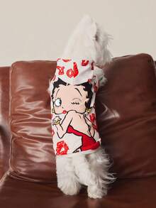 Betty Boop x SHEIN 1 件卡通图案印花宠物连帽衫，猫咪衣服，狗狗衣服，尺码 XXS-XXXXL，特小号，特大号，俏皮，可爱，性感，嘴唇印花。 - 白色 - 查看 4