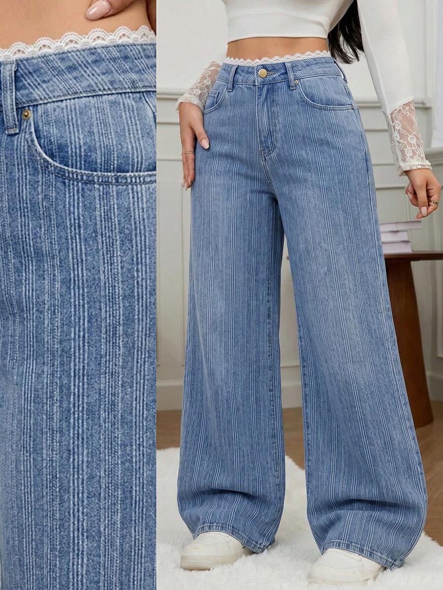 SHEIN Tall Quần jean ống rộng cạp cao kẻ sọc dọc dành cho nữ, trang phục thường ngày thanh lịch và thoải mái cho mùa hè. Quần jean ống rộng kẻ sọc màu đen thời trang công sở, cạp ren thanh lịch với chi tiết phối ghép, thích hợp cho mùa hè. - Màu xanh nhạt - Xem 1
