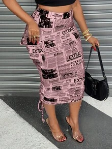 Maweii Plus Size Women Letter Print Color Block Drawstring Tie Ruched Hem Skirt Fall - Pink - View 7