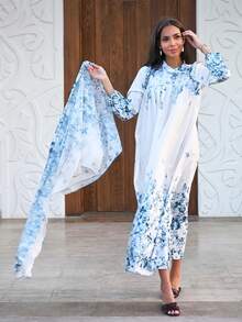 Alya Khalil Ruched Flower Print Elegant Dress With Headscarf Fall Cloth For Women Vacation - Multicolor - View 2