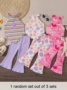 Cozy Pixies Bộ đồ mùa hè mềm mại cho bé gái gồm 2 món, áo hai dây dệt kim hình trái tim và quần ống loe, trang phục thường ngày năng động, thích hợp cho kỳ nghỉ, cắm trại, bé gái hoặc gia đình, chụp ảnh kỷ niệm. - Màu tím - Xem 1