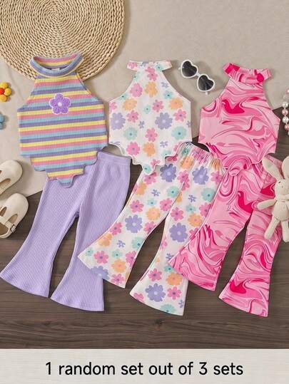 Cozy Pixies Baby Girl Baby Girls 1 Random Set Of 3 Squishy Summer Outfits, Fashion Heart Knitted Halter Top And Flare Pants, Casual Daily Vacation Camping Matching Sister/Parent-Child Photoshoot Outfit