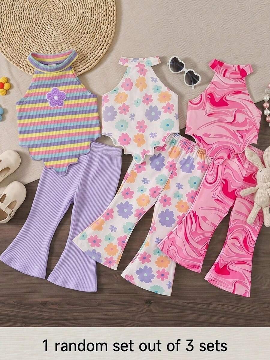 Cozy Pixies Bộ đồ mùa hè mềm mại cho bé gái gồm 2 món, áo hai dây dệt kim hình trái tim và quần ống loe, trang phục thường ngày năng động, thích hợp cho kỳ nghỉ, cắm trại, bé gái hoặc gia đình, chụp ảnh kỷ niệm. - Màu tím - Xem 1