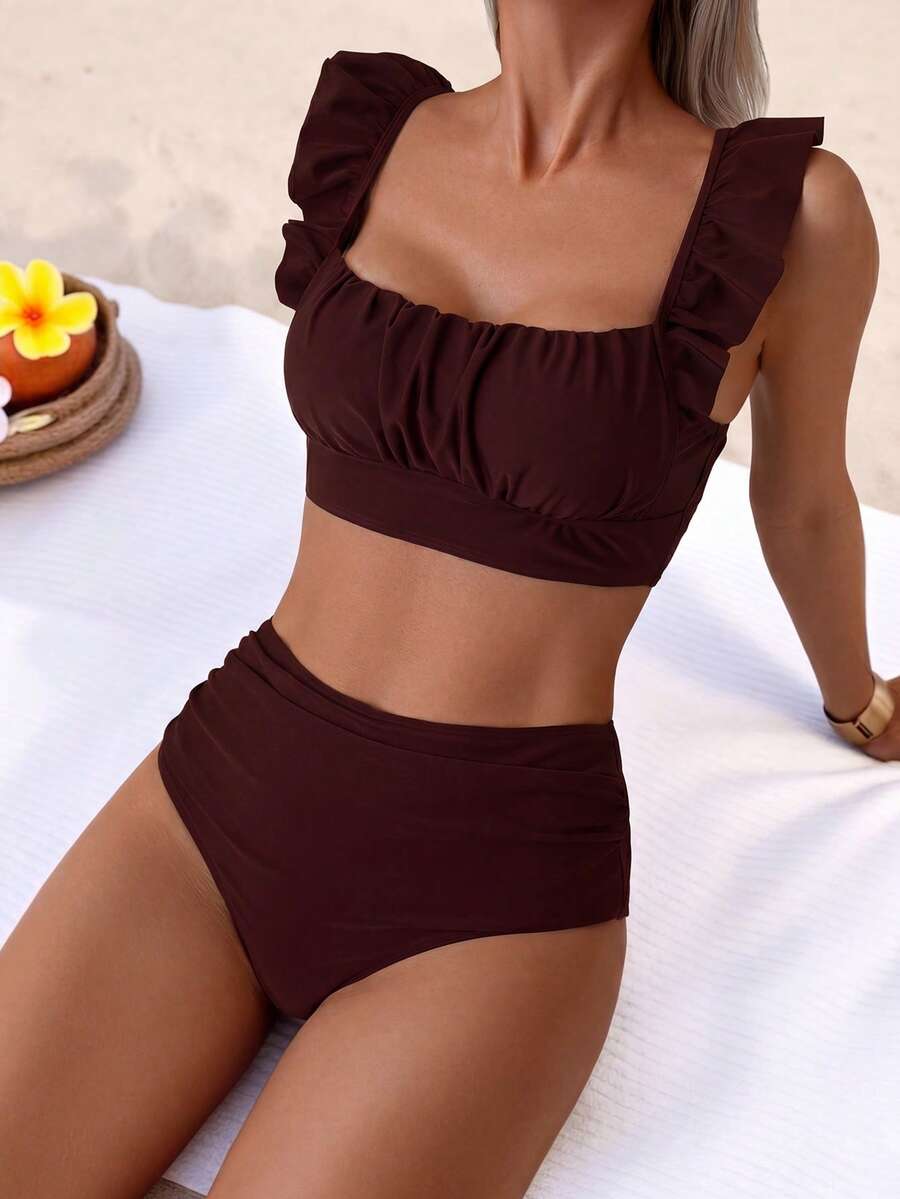 Swim Basics 2pcs Women's Summer Beach Elegant Vacation Solid Color Ruffle Strap Pleated Front Top And High Waist Ruched Triangle Bottoms Set Brown - Burgundy - View 1