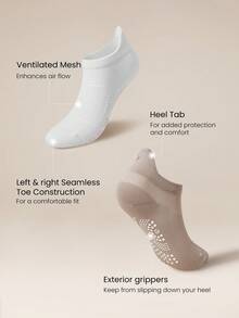 GLOWMODE 3 Pairs Socks Walk A Mile Soft Ventilated Mesh Grip Studio Workout Daily Gym - White+Khaki - View 4