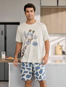 CoupledUp Men's Cartoon Print Round Neck Casual Short Sleeve Shorts Pajama Set - Apricot - View 5