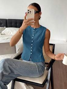 Siren Gaze Áo thun nữ không tay màu trơn, kiểu dáng thường ngày, thích hợp cho mùa hè. - Màu xanh lam - Xem 3