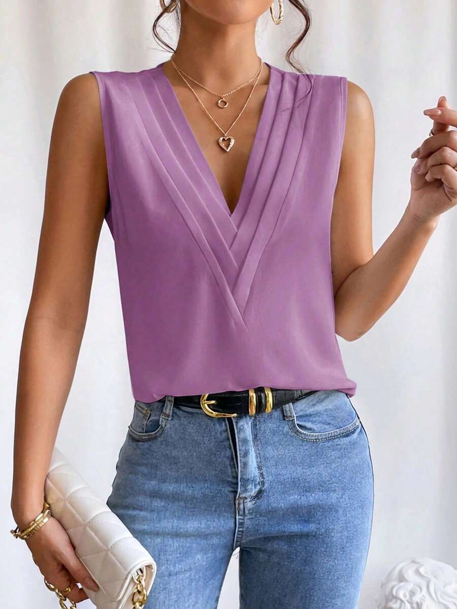 EMERY ROSE Casual Solid Color Sleeveless Shirt For Summer Women's Outfits Blouse Women Elegant Tops Beautiful Top,Summer Classy - Purple - View 1